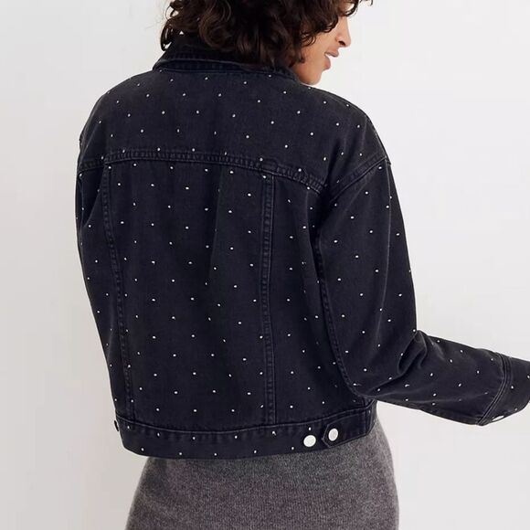 Madewell The Boxy Crop Black Denim Jean Jacket Metallic Dot Edition Women's XS - Picture 3 of 13